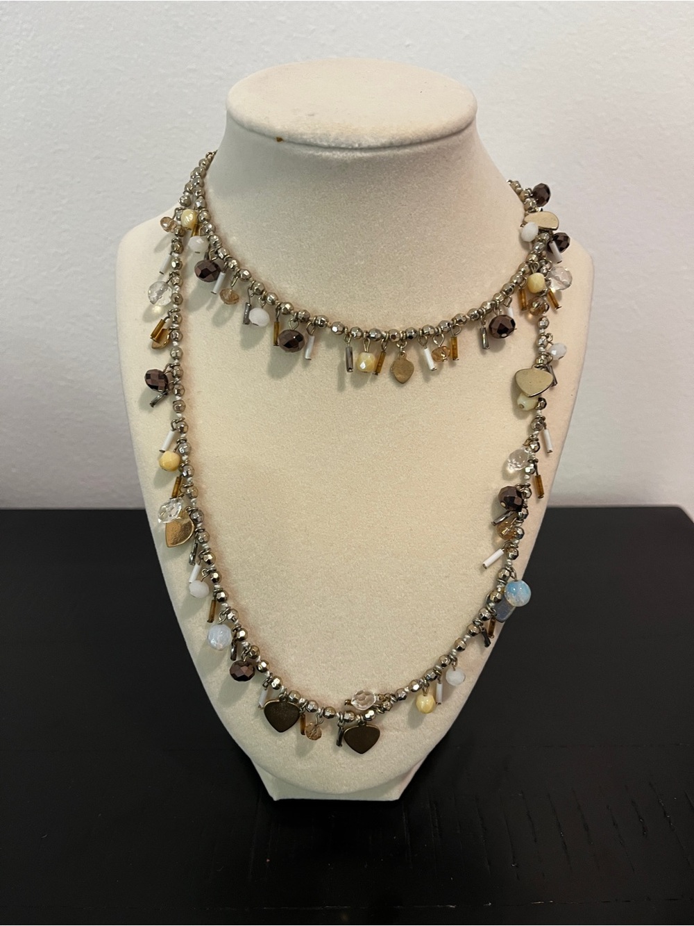 Multi-Strand Heart & Bead Charm Necklace - Neutral Tones